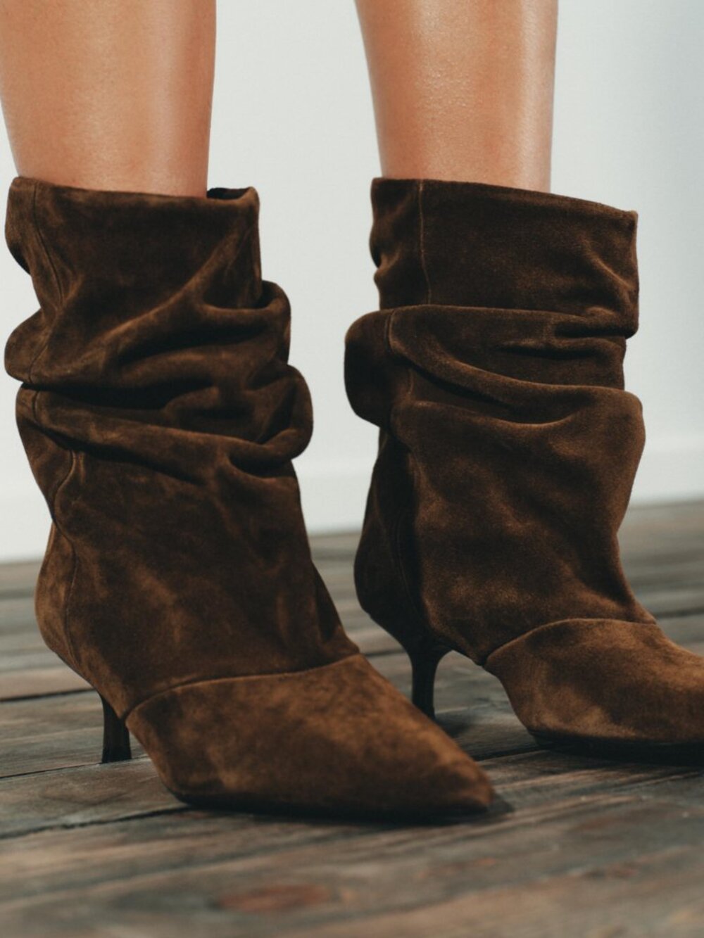 Zara Ruched Split Leather Ankle Boots | Dark Tan Brown | Kitten Heel | NWT - Picture 2 of 15